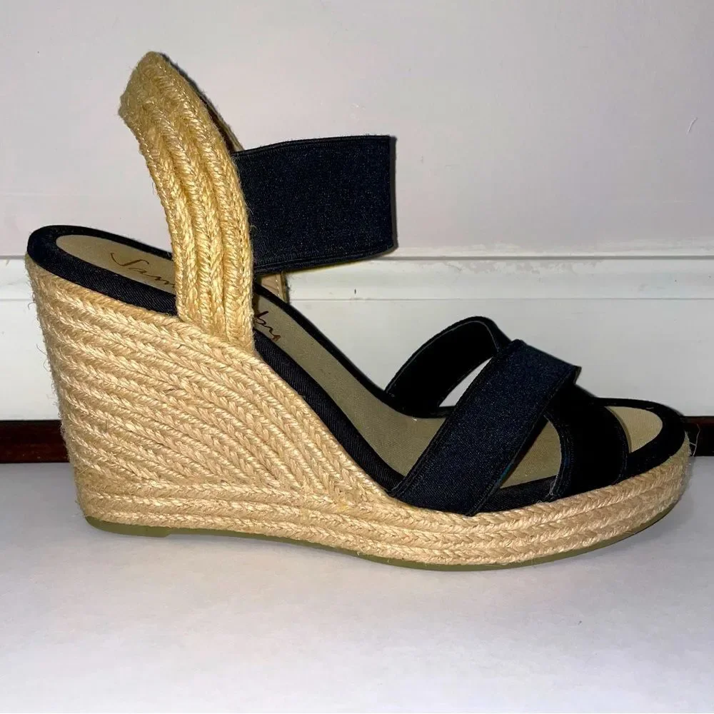 San & Libby Espadrille Wedge Sandals Black Strappy Women's Size 8